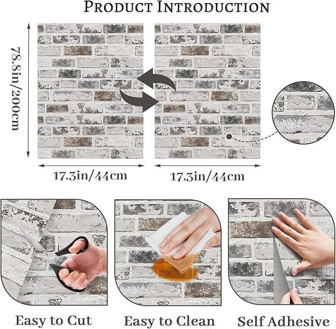 Brick Wallpaper Peel and Stick Wallpaper 17.3"x78.8" Grey and White 3D Brick Wallpapers Self Adhesive Vintage Wall Paper Removable Textured Contact Paper for Fireplace Kitchen Home Decoration Vinyl