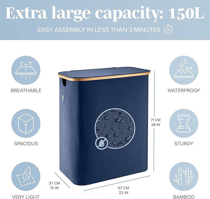 LONBET Laundry Basket with Lid, Made from Breathable Fabric | Aesthetic Clothes Hampers for Laundry with Side Handles & Sturdy Bamboo Frame (40 Gallons - Double, Blue)