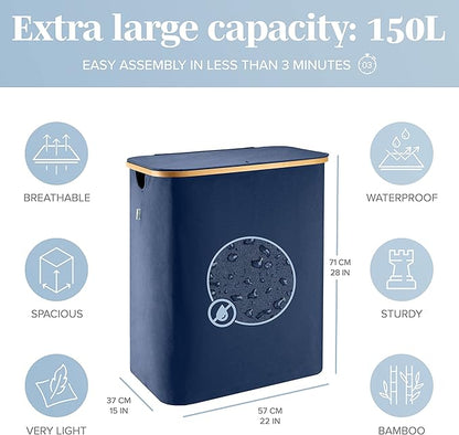 LONBET Laundry Basket with Lid, Made from Breathable Fabric | Aesthetic Clothes Hampers for Laundry with Side Handles & Sturdy Bamboo Frame (40 Gallons - Double, Blue)
