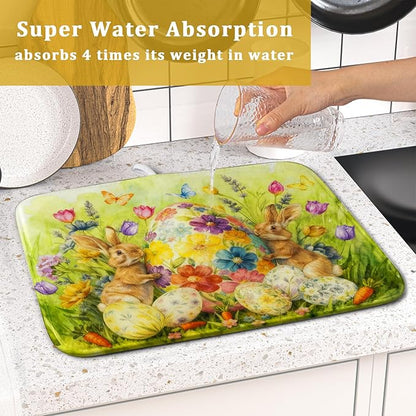 Easter Dish Drying Mat for Kitchen Counter Spring Bunny Microfiber Countertop Mat Small