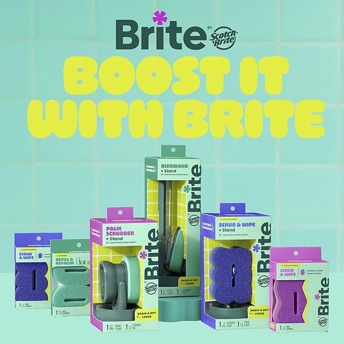 Brite by Scotch-Brite Fillable Dishwand with Drain + Dry Stand, Household and Kitchen Sponge for Washing Dishes, 1 Dish Wand with Soap Dispenser