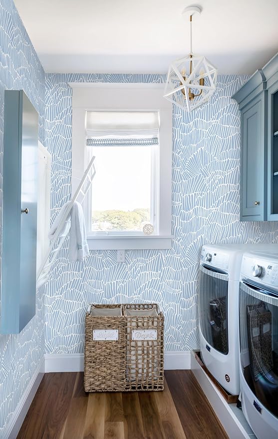 Guvana Blue Wallpaper Peel and Stick Modern Blue and White Contact Paper Coastal Wallpaper Boho Striped Removable Waterproof Wall Paper for Bathroom Laundry Living Room Accent Wall Decor 17.3"×394"
