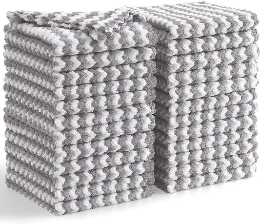 Homaxy 24 Pack Kitchen Dish Cloths, Ultra Soft and Absorbent Dish Towels, Reusable Fast Drying Microfiber Cleaning Cloth, Coral Velvet Wave Design No-lint, 10 x 10 inches, Grey
