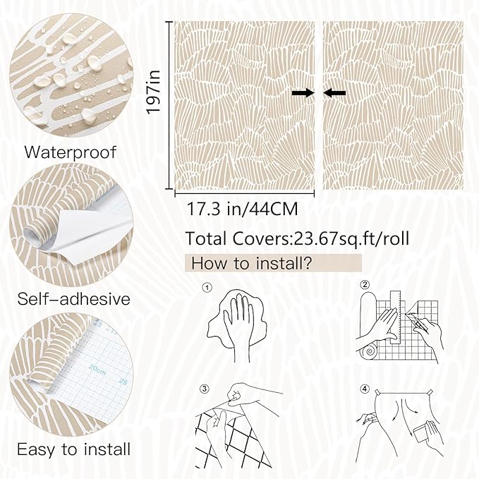 Guvana Beige Peel and Stick Wallpaper Boho Beige and White Contact Paper Modern Striped Self Adhesive Waterproof Wall Paper for Bathroom Bedroom Decor Removable Temporary Rv Wallpaper Roll 17.3"×197"