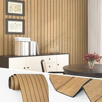 Wallercity Brown Wood Slat Wall Panels Peel and Stick 3D Slat Panel for Wall Decor Faux Self-Adhesive Soundproof Wooden Wallpaper for Livning Room Bedroom Waterproof Plank for Bathroom 11.7''x118''