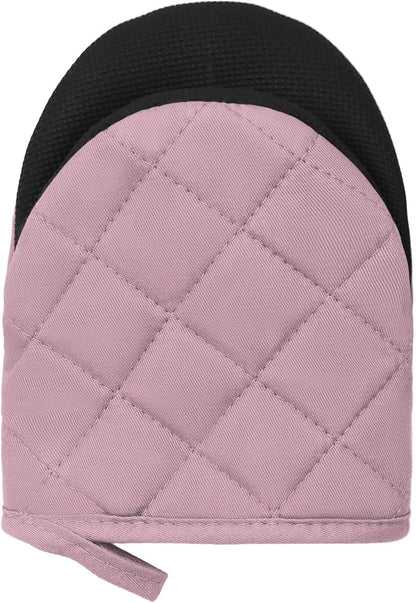Short Oven Mitts, Heat Resistant 500°F, Silicone Grip Kitchen Gloves, Non-Slip for Baking, Grilling, BBQ, Machine Washable with Hanging Loop, 2-Pack Set, Light Pink