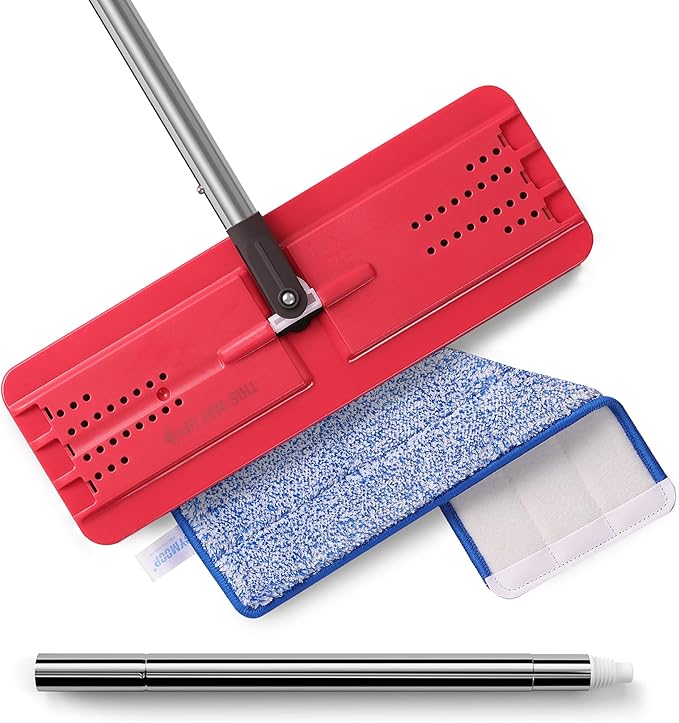 JOYMOOP Flat Mop, Microfiber Mops for Floor Cleaning and Wall Cleaner, 60" Long Handle with Flexible 13" Flat Head with a Microfiber Mop Pad - Black & Red