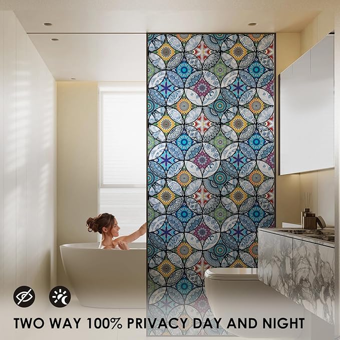 DKTIE Static Cling Decorative Window Film with Installation Tools Non Adhesive Privacy Film Stained Glass Window Film for Bathroom Shower Door Heat Cotrol Anti UV 17.7 x 118.1 Inch