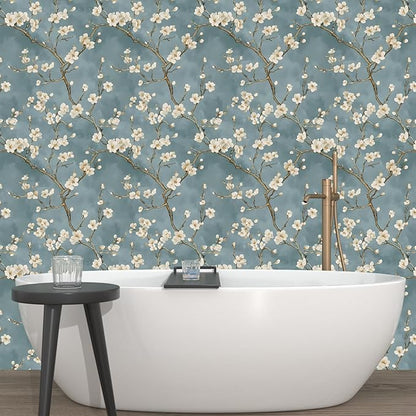 Vintage Floral Wallpaper Peel and Stick Blue White Flowers Contact Paper Vinyl Self Adhesive Removable Retro Cherry Blossom Wall Mural Wall Paper for Room Walls Shelve Cabinet Table Decor 17.5" x 393"