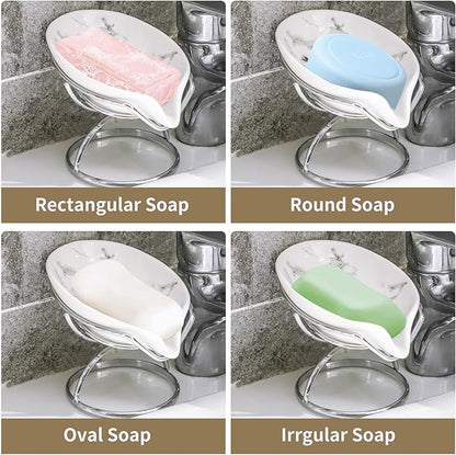 Dobbyby Leaf-Shaped Soap Dish – Premium Ceramic Soap Bar Holder with Self-Drainage System – Bar Soap Holder for Shower, Bathroom Sink, Kitchen – Waterfall Soap Dish with Stainless Steel Stand (SLIVER)