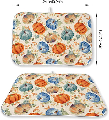 Fall Dish Drying Mat 18x24 Inch Burnt Orange Blue Green Pumpkin Leaves Drying Mat Autumn Harvest Thanksgiving Holiday Absorbent Dish Drying Pad Dish Rack Drainer Mats for Kitchen Dining Counter