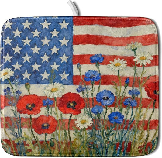Patriotic American Flag Dish Drying Mat for Kitchen Counter 16x18 4th of July Red Blue White Floral Rustic Absorbent Reversible Microfiber Drying Mats Kitchen Countertop Protector Dishes Drainer Pad