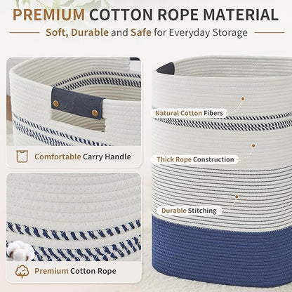 Large Laundry Basket - Tall Woven Rope Laundry Hamper with Leather Handles - Dirty Clothes hamper for Living room, Bedroom, 17" X 13.8" X 22", Dark Blue & White