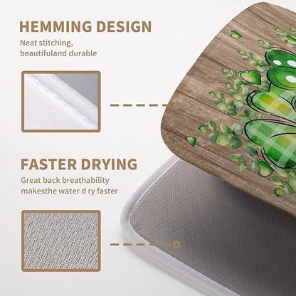 St Patricks Day Wooden Plank Texture Shamrock Dish Drying Mat St Patrick Eucalyptus Leaves Clover Dish Drying Pad for Kitchen Counter Absorbent Microfiber Dishes Drainer Rack Mats 18x24 Inch