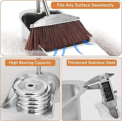 VOOWO Broom with Dustpan Combo Set, 46" Stainless Steel Broom and Dustpan Set for Home, Heavy Duty Dust Pan with Long Handle, Broom for Sweeping Indoor and Outdoor, Kitchen Broom and Dust Pan (Brown)