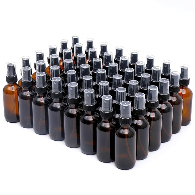 NOOEEISS Amber Glass Small Spray Bottle 2 oz 48 Packs,Fine Mist Sprayer Small Clear Bottles,Refillable Containers mini spray bottles for Cleaning Solutions and Skin Care (Amber 48pcs)