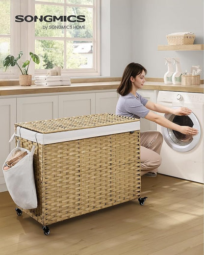 SONGMICS Laundry Hamper with Lid, 55.4 Gallons (210 L), Rolling Laundry Basket with Wheels, 4-Section Synthetic Rattan, Removable Liner, Bedroom, 33.9 x 15.7 x 26 Inches, Natural Color ULCB460Y01