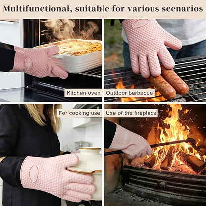 PrettyCare 14 in Silicone Oven Mitts for Women, Heat Resistant Waterproof Oven Gloves with Fingers, Cotton Lined Silicone Oven Gloves for Baking Cooking BBQ,Kitchen Essentials Gift for Women (Pink)