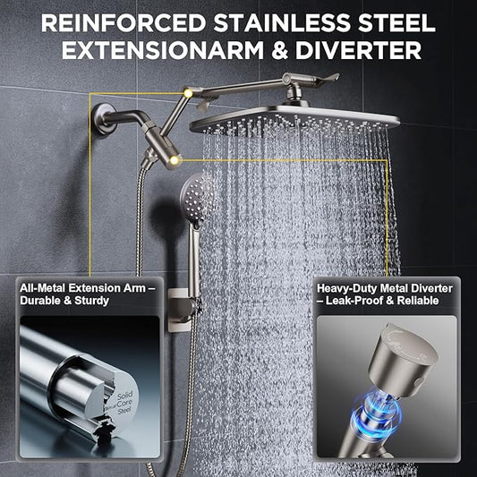 Veken 11.8" Rain Shower Head with Handheld, High Pressure Handheld Shower Heads with Multi Spray Modes,Rainfall Combo with 15" Metal Extension Arm,Detachable Dual Shower,Long 6 ft. Hose,Brushed Nickel