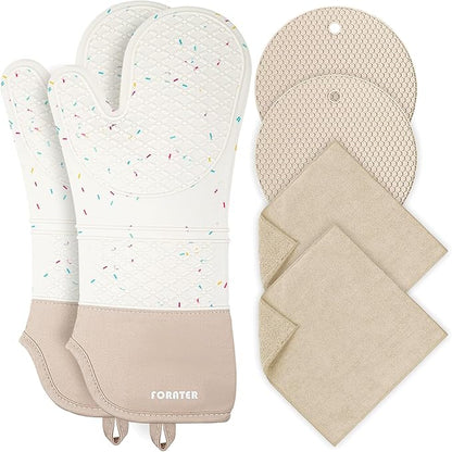Extra Long Oven Mitts and Potholders 6Pcs Set, 500°F Heat Resistant Kitchen Oven Gloves 15'' Oven Mitts with Non-Slip Silicone Surface Soft Cotton Lining for Cooking, Baking and Grilling - Milky White