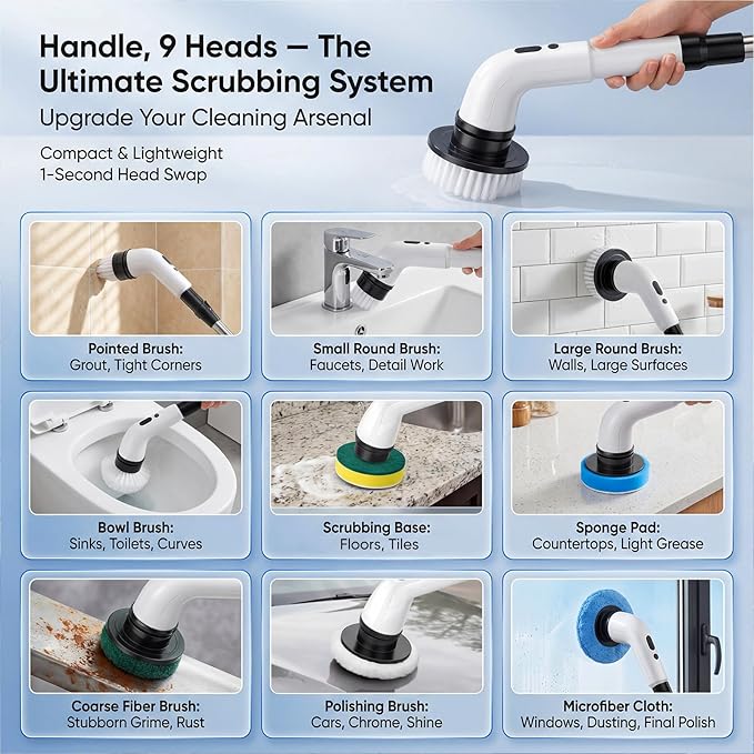Electric Spin Scrubber, Cordless Power Scrubber for Bathroom/Shower/Tub/Tile & Grout, 7 Brush Heads, Dual-Speed, Adjustable Extension Handle, IPX7 Waterproof, USB-C Rechargeable Cleaning Tool (White)