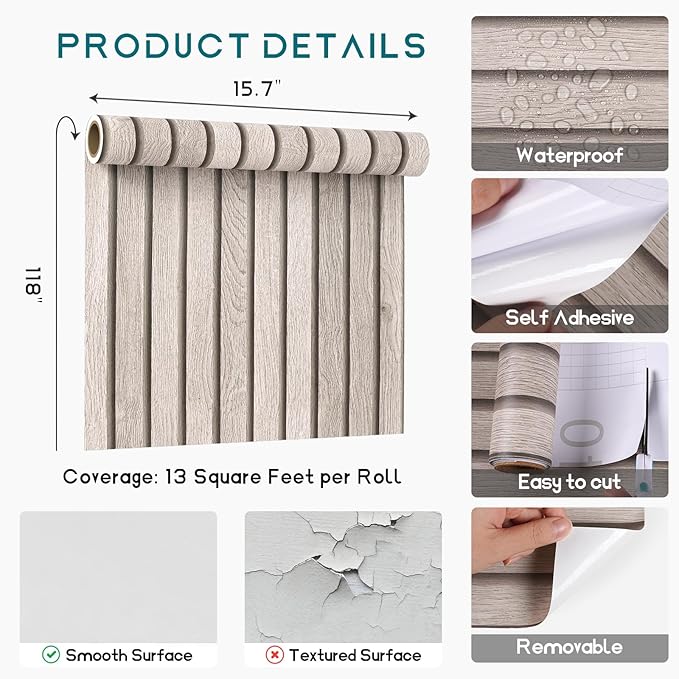 VEELIKE 15.7''x118'' Grey Wood Slats Wallpaper Peel and Stick Removable Wooden Slat Vinyl Wall Panel Self Adhesive Waterproof Wood Contact Paper Peel and Stick for Bedroom Accent Wall Décor Farmhouse