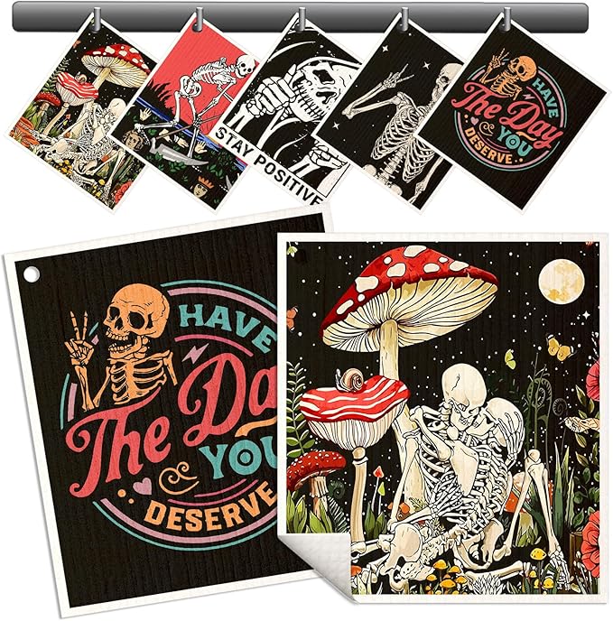 Swedish Dishcloths for Kitchen - 5 Pack Reusable Dish Cloths for Washing Dishes Absorbent Cute Funny Kitchen Towels Cleaning Sponge, Skull Design