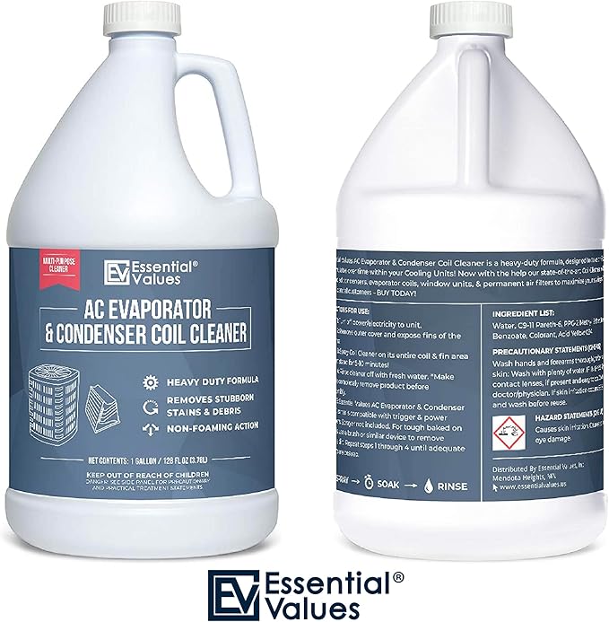 Essential Values Coil Cleaner for AC Unit (Gallon) | AC Coil Cleaner That is Non Foam Formula for Condenser Coils - Heavy Duty Professional Grade & For Commercial & Residential Air Conditioner