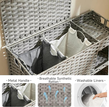 Laundry Hamper with Wheels, 42.3 Gal.(160 L) Laundry Sorter with Shelves, Rattan Clothes Hamper with 4 Removable Liners & 3 Mesh Bags, Handwoven Organizer for bedroom, bathroom, laundry room, Grey