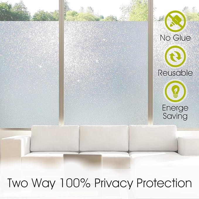 KESPEN Frosted Window Privacy Film Heat Control UV Sun Blocking Glass Stickers Static Cling Non Adhesive Door Coverings Decals for Bathroom Home Office, Sparkling, 23.6 Inch X 13.1 Feet