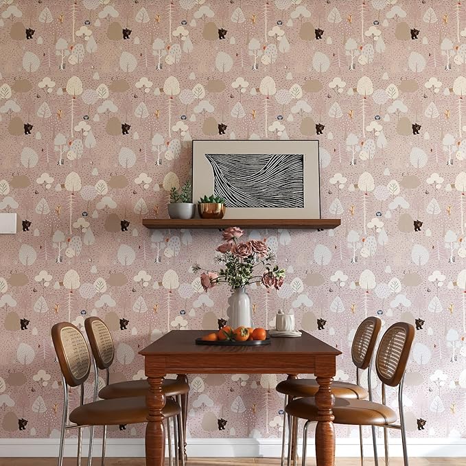 Vinjiasin Woodland Animals Peel and Stick Wallpaper for Kids Room Nursery Neutral Forest Animal Wall Paper Self Adhesive Removable Baby Room Decor Cute Bear Deer Fox Pattern Contact Paper 17"x120"