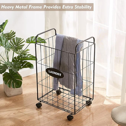 Mxfurhawa Iron Wire Laundry Hamper With Rolling Lockable Wheels, Folding Laundry Storage Basket with Handles,Detachable Liner Collapsible Dirty Laundry Cart Sorter Clothes Basket Organizer (23.6 inch)