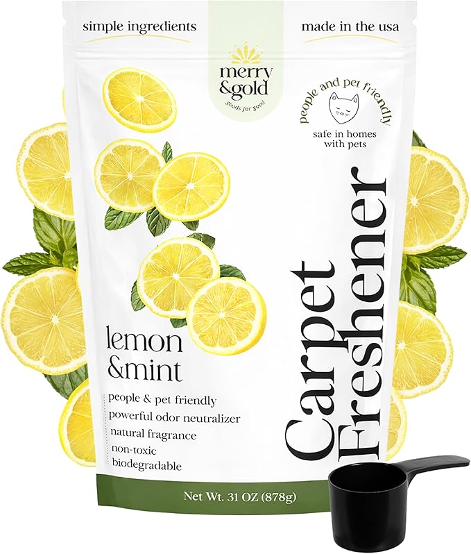 Merry & Gold Carpet Freshener & Deodorizer Powder - 31oz | Pet Odor Eliminator for Strong Odors| Lemon + Mint | Safe for Homes with Pets | Made in USA | Natural Ingredients (Lemon & Mint)