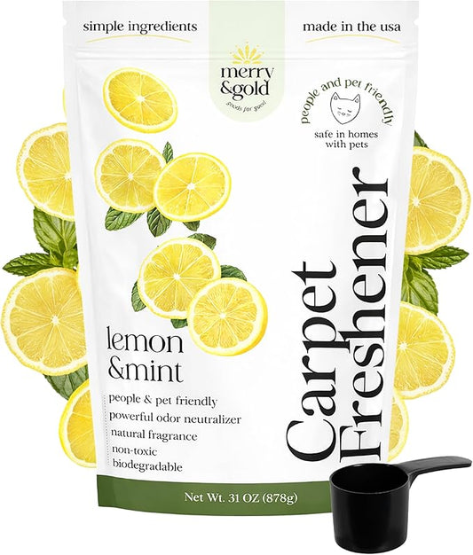 Merry & Gold Carpet Freshener & Deodorizer Powder - 31oz | Pet Odor Eliminator for Strong Odors| Lemon + Mint | Safe for Homes with Pets | Made in USA | Natural Ingredients (Lemon & Mint)