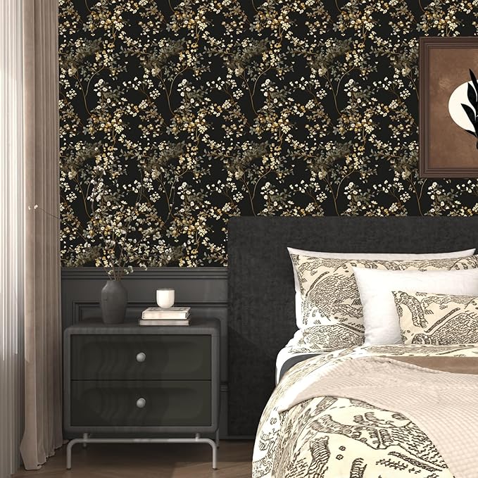 Fvlow Black Floral Wallpaper Classic Leaves Wall Paper 17.4" x 118" Dark Moody Contact Paper Vintage Chinoiserie Watercolor Self Adhesive Covering for Bedroom Bathroom Cabinet Home Decor Beige Gold
