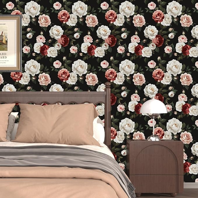Fvlow Black Floral Wallpaper Peel and Stick 17.4" X 118" Pink Rose Contact Paper Dark Small Flower Vintage Garden Removable Covering for Bedroom Cabinet Bathroom Moody Home Decor Black Color