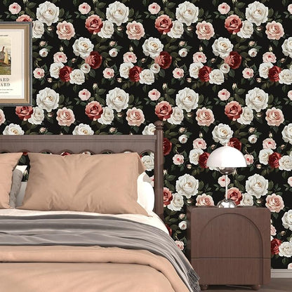 Fvlow Black Floral Wallpaper Peel and Stick 17.4" X 118" Pink Rose Contact Paper Dark Small Flower Vintage Garden Removable Covering for Bedroom Cabinet Bathroom Moody Home Decor Black Color