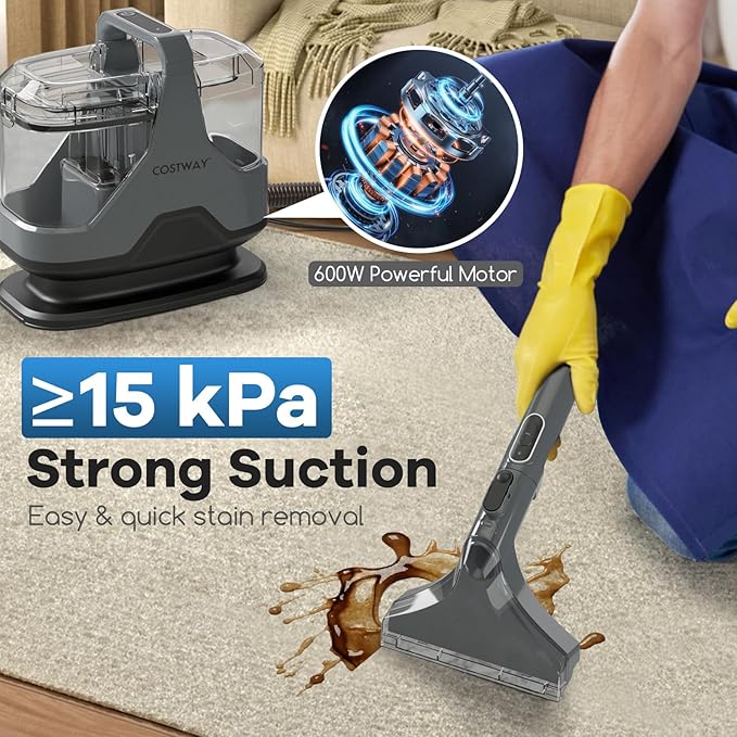 COSTWAY Upholstery Cleaner Machine, Portable Spot Cleaner with 15Kpa Powerful Suction, 600W Cleaning Machine with Versatile Attachments for Couch, Stairs, Carpet, Pet Messes