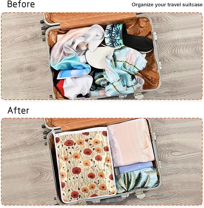Mesh Laundry Bags Lingerie Bags for Washing Delicates 2 PCS Durable Wash Bag with Zipper Small and Medium Washable Cute Poppy Flowers Beige