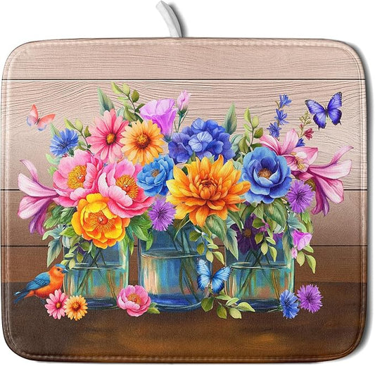 Colorful Flowers Dish Drying Mat for Kitchen Counter 16x18in Spring Flower Vases Dish Mat Drying Kitchen Mat Absorbent Microfiber Dish Drainer Rack Mats Botanical Floral Dishes Pad for Countertops