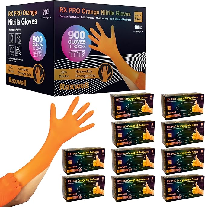Raxwell Orange Nitrile Gloves 8.5 Mil - Powder-Free Puncture-Resistant Protection - Diamond-Texture Work Gloves with Grip