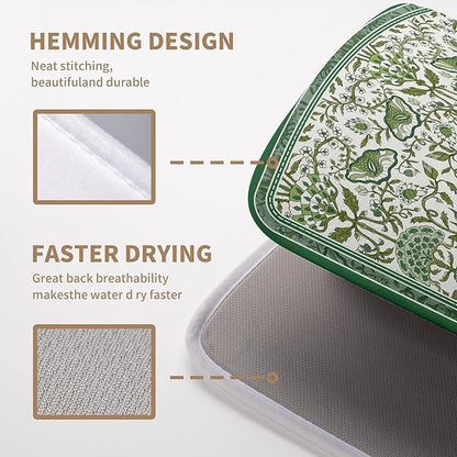 Green Floral Dish Drying Mat for Kitchen Counter 18x24 Inch Spring Summer Flowers Drying Mats Microfiber Absorbent Dish Drainer Pad Reusable Washable Dish Draining Mat for Coffee Bar Sink