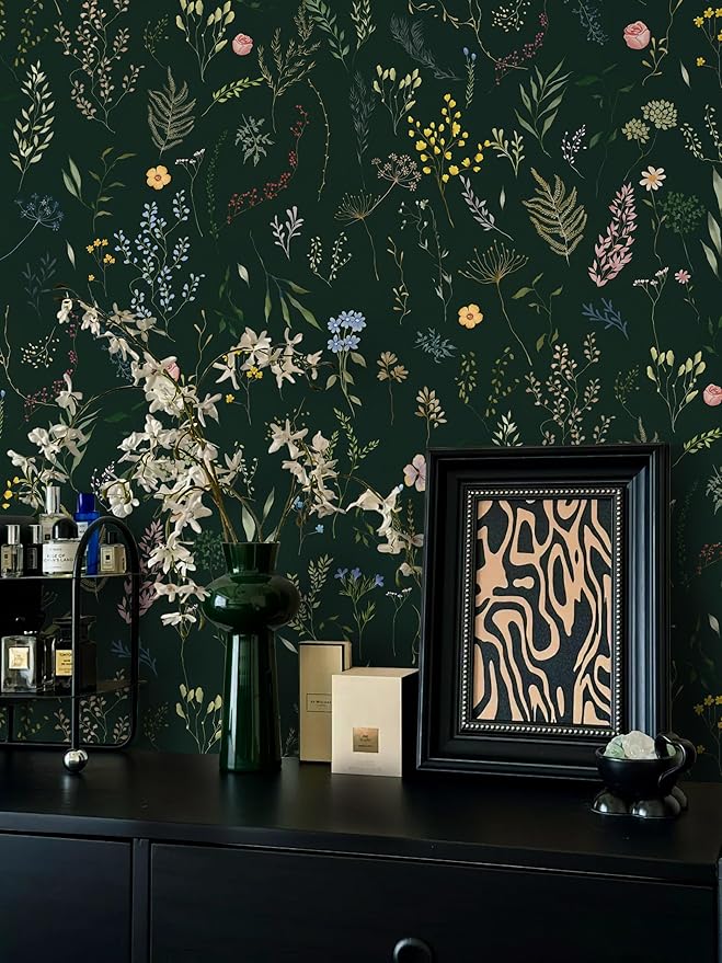 Dimoon 236"x16.1" Floral Peel and Stick Wallpaper Dark Green Smooth Contact Paper Flower Thicken Waterproof Green Leaf Self Adhesive Pomegranate Wallpaper Removable Shelf Liner Decal Vinyl Roll