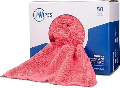 Microfiber Wholesale Microfiber Shop Towels | MWipes Reusable Red Shop Rags | 50 Rags in a Box | Super Absorbent, Machine Washable Hundreds of Times | Automotive, Paint, Industrial, Detailing