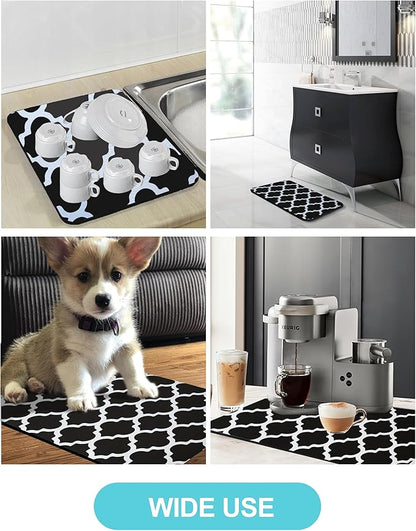 Dish Drying Mat for Kitchen Counter, 12"x19" Dish Drying Pad with Non-slip Rubber Backed, Hide Stain Anti Absorbent for Kitchen Counter, Drying Mat for Coffee Machine Dish Rack (Black Trellis)
