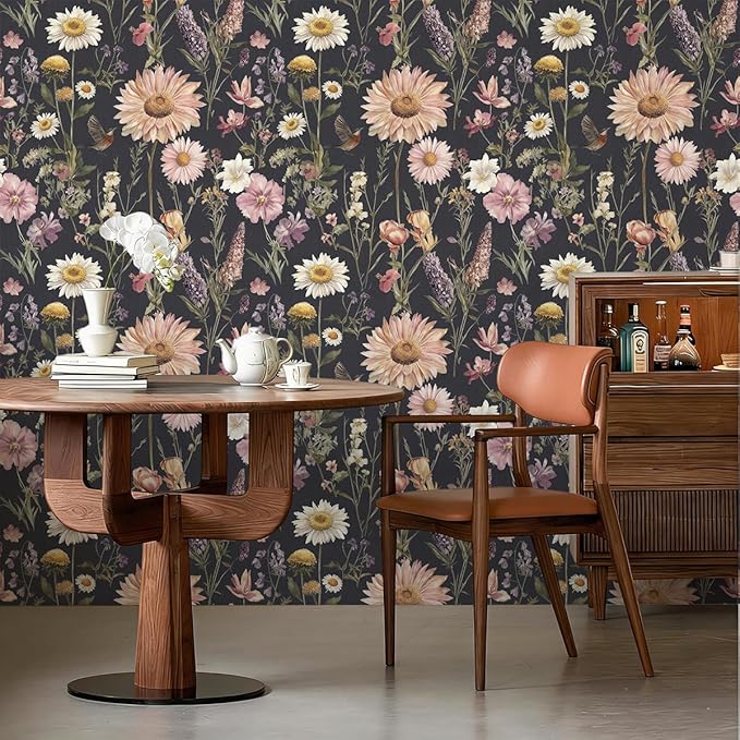 Livebor Dark Floral Peel and Stick Wallpaper Vintage Floral Contact Paper 16.9” x 196.8” Bird Flower Wallpaper Peel and Stick Boho Flower Self Adhesive Removable Wall Paper Decor for Cabinets Vinyl