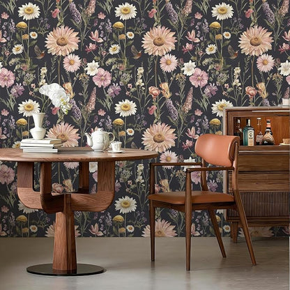 Livebor Dark Floral Peel and Stick Wallpaper Vintage Floral Contact Paper 16.9” x 118.1” Bird Flower Wallpaper Peel and Stick Boho Flower Self Adhesive Removable Wall Paper Decor for Cabinets Vinyl