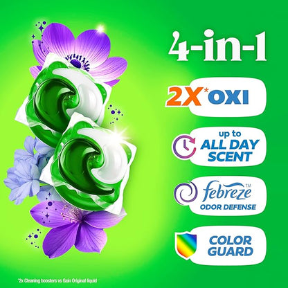 Gain Flings Liquid Washing Detergent Pacs with Odor Defense + Color Guard, Moonlight Breeze Scent, 4-In-1 Liquid Laundry Detergent Pods, Clean & Fresh, 60 Count (Packaging May Vary)