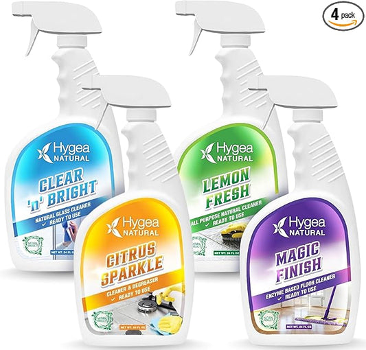 Hygea Natural Cleaning Supplies Kit All Purpose Cleaners, Citrus Degreaser, Floor and Tile Cleaner, Window, Glass and Mirror Cleaner- No Harsh Chemicals, Family safe - 4 Pack 24 oz Sprays