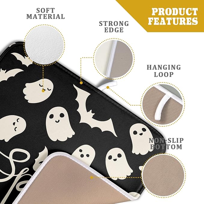 Halloween Dish Drying Mat for Kitchen Counter 16x18 Cute Ghost Black Spooky Holiday Scary Theme Absorbent Reversible Microfiber Drying Mats Kitchen Countertop Protector Dishes Drainer Pad